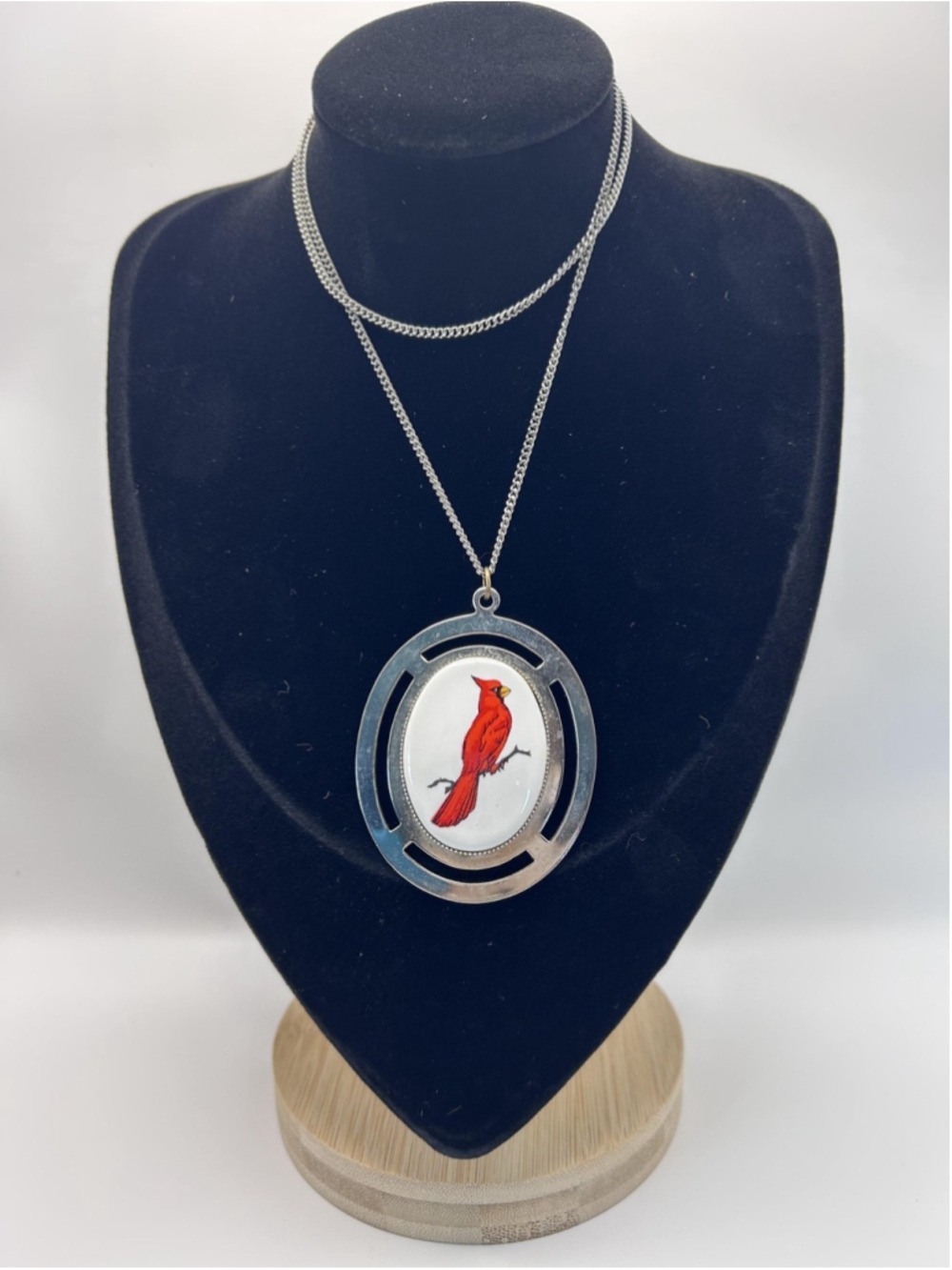 Necklace Silver‎ Tone Oval Cardinal Bird Pendant Statement Chain 30 Inch Nature